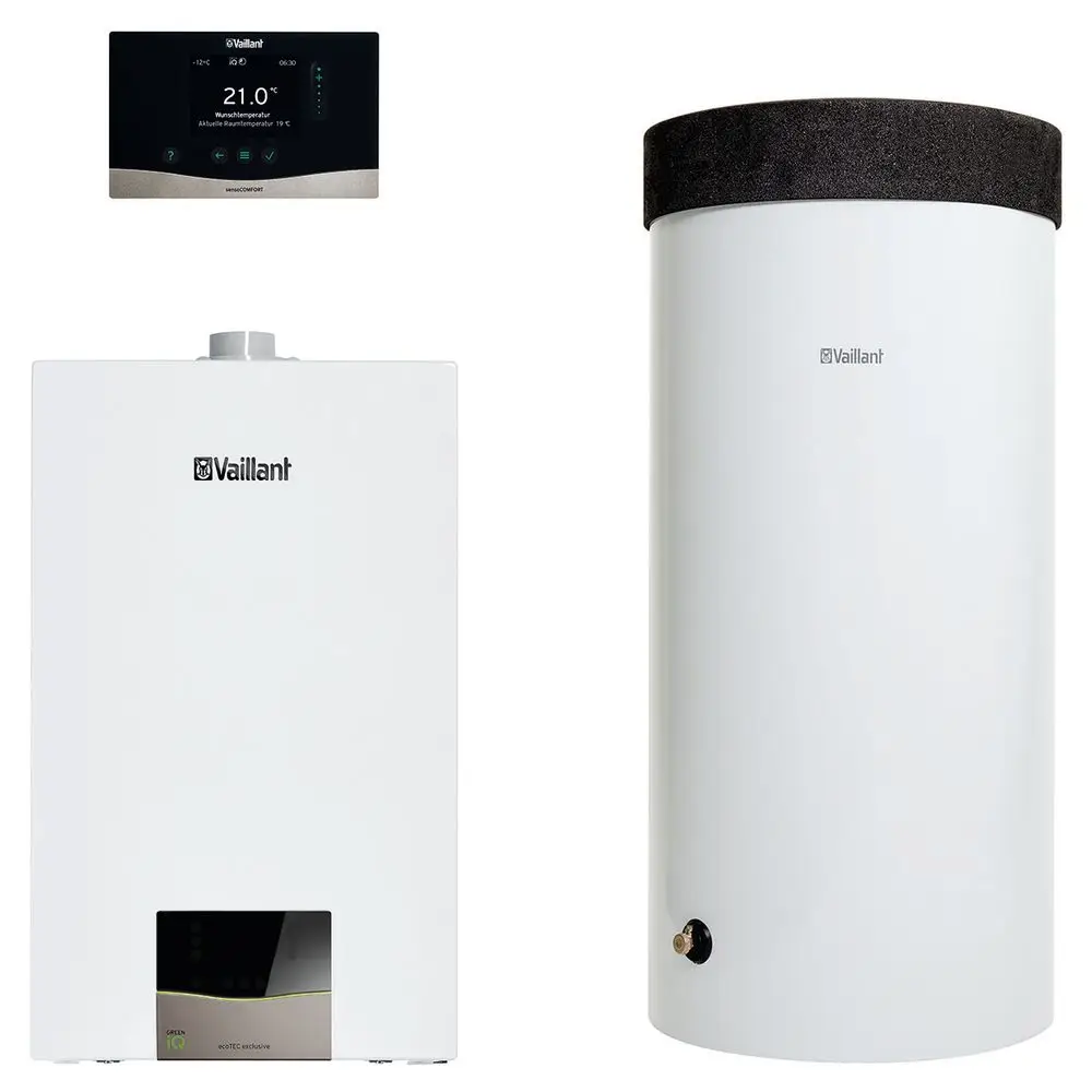 Vaillant Heizungsanlage mit einem Wandgerät und einem zylinderförmigen Speicher. Das Wandgerät zeigt Temperatur- und Betriebsinformationen an.